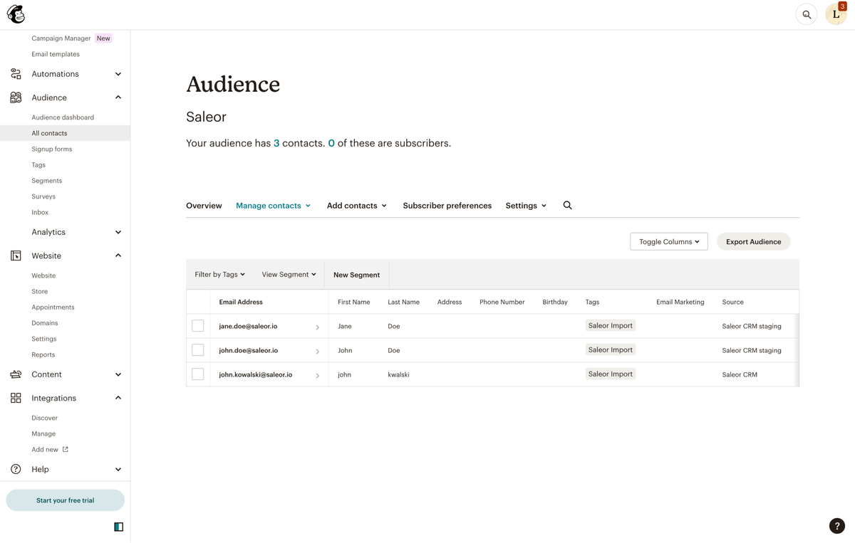 Mailchimp UI displaying contact from Saleor