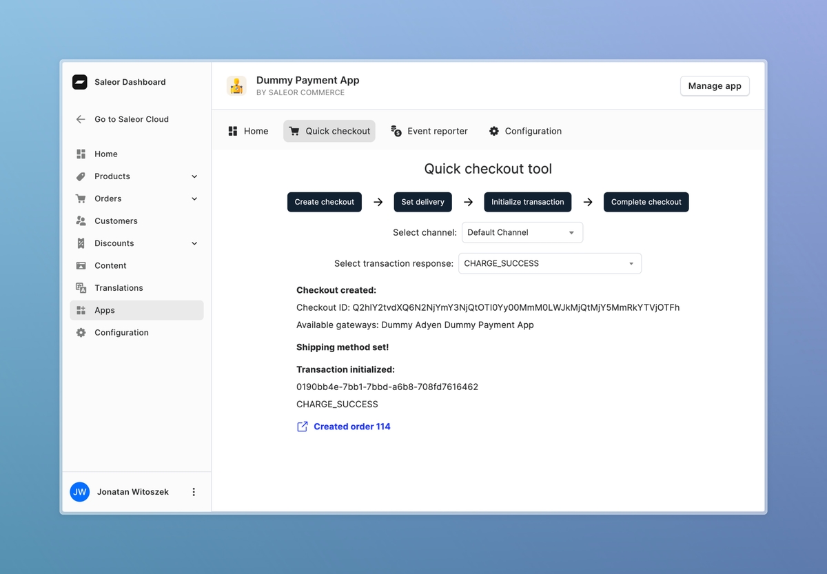 Dummy Payment App has UI in Saleor dashboard for creating new orders from checkouts with Transactions