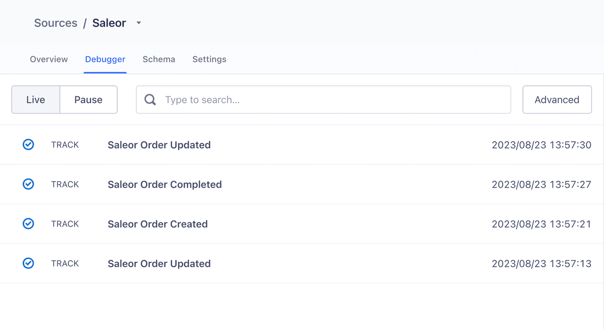 Segment dashboard showing Saleor events